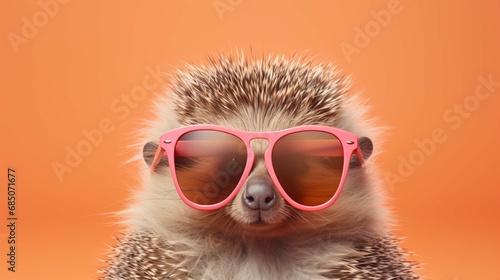 Creative animal concept. Porcupine in sunglass shade glasses isolated on solid pastel background, commercial, editorial advertisement. create using a generative ai tool  photo