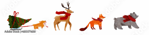 Cute winter animals  - bear, fox, dog and reindeer, with a Christmas tree, watercolor. Collection of Vector  illustrations, ready to print. Perfect for invitation, card, poster, banner, decorations