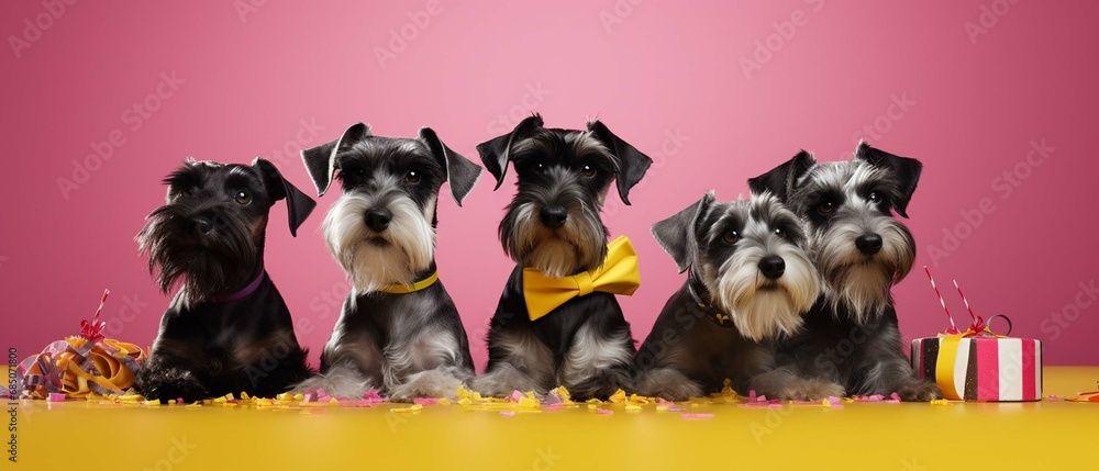 Creative animal concept. Schnauzer dog puppy in a group, vibrant bright fashionable outfits isolated on solid background advertisement, copy space. birthday party invite invitation
