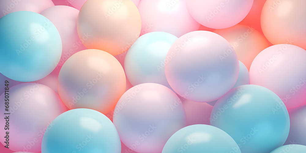 White, pink and blue soft pompons as a background. bright background Top view of many pastel colourful gum balls in ball pool Ai Generative
