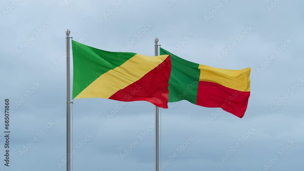 Congo-Brazzaville flag and Benin flag waving together on cloudy sky, endless seamless loop Congo-Brazzaville flag and Benin flag waving together on cloudy sky, endless seamless loop