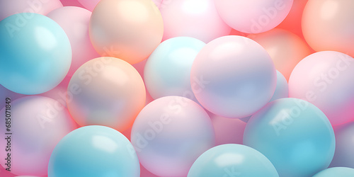 White, pink and blue soft pompons as a background. bright background Top view of many pastel colourful gum balls in ball pool Ai Generative
 photo