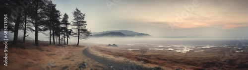 Landscape of the plains on a foggy morning with a few trees visible © DY
