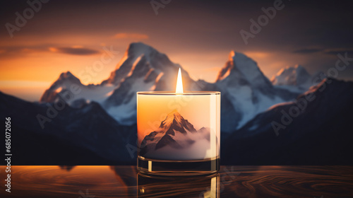 A candle with the mountains
