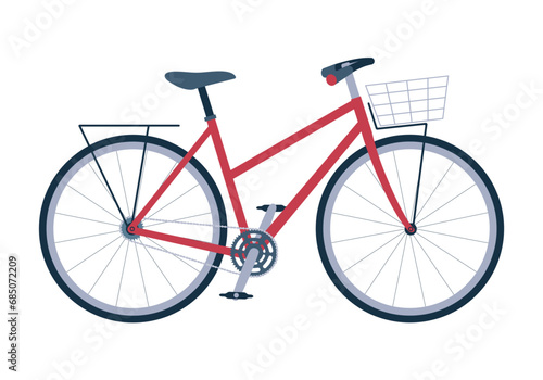 Classic road, city bike with a cargo basket. Eco-friendly urban vehicle. Isolated flat vector illustration