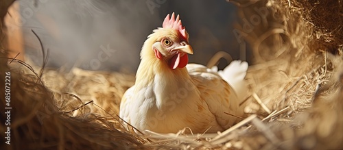 Hen incubates egg in coop c...