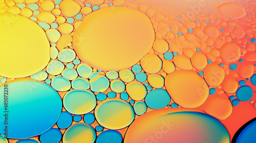 An abstract vibrant pattern - background of circles and ovals with blue, orange, and yellow colors. The circles and ovals are outlined in a thin black line.