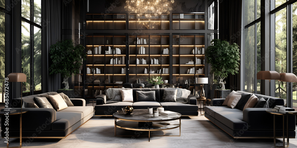 Huge modern living room with large windows and high ceilings with