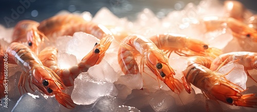 Frozen farmed shrimp or prawns stacked in a factory copy space image