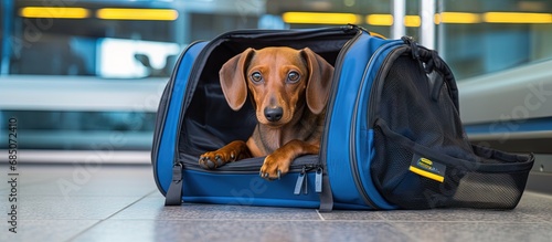 Dutiful dachshund waits in carrier for owner while traveling with animals across borders copy space image photo