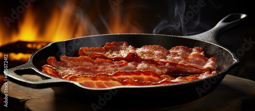 Cooked turkey bacon on cast iron pan ready copy space image photo