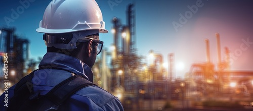 Engineer in safety helmet with blurred oil refinery as background representing oil and gas company s HR and recruitment for energy industry copy space image photo