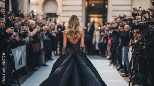 Back view of celebrity in black dress turning posing for paparazzi on red carpet photo