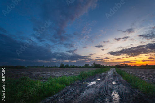 Dirt road through plowed fields and sunset sky, May day