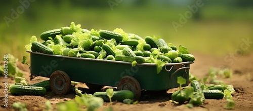 Freshly harvested small green gherkins in a trailer copy space image