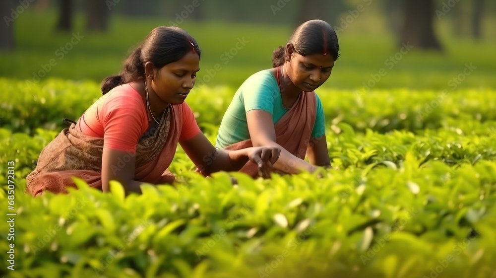 Rural women workers plucking tender tea shoots. Rural women workers plucking tender tea shoots.