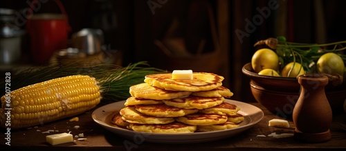 Costa Rican chorreadas are corn pancakes made from fresh ground corn both sweet and savory copy space image photo
