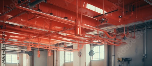 Installing a fire sprinkler system using a scissor lift in an industrial plant with red fire pipes and contracted fire protection workers copy space image photo