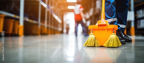 Cropped shot of janitors cleaning warehouse floor with mops and buckets copy space image photo