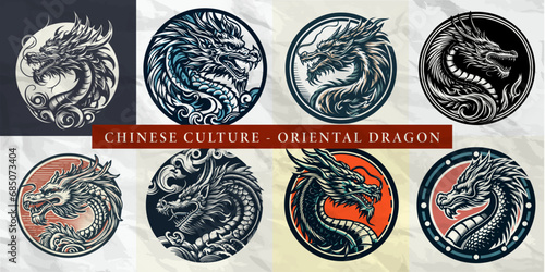 Vintage-Style Vector Art: Strong Stroke of Dragon in Circle with Retro Style and Colors