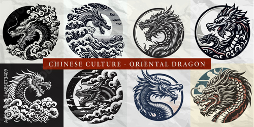 Vintage-Style Vector Art: Strong Stroke of Dragon in Circle with Retro Style and Colors © O-CAP