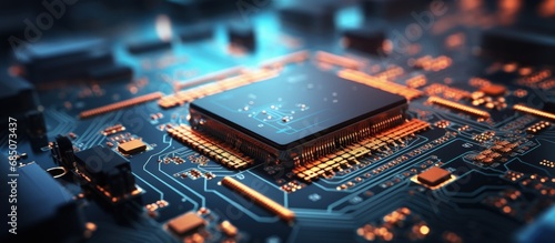 Dark environment during electronics manufacturing with macro shots of generic printed circuit board and components copy space image photo