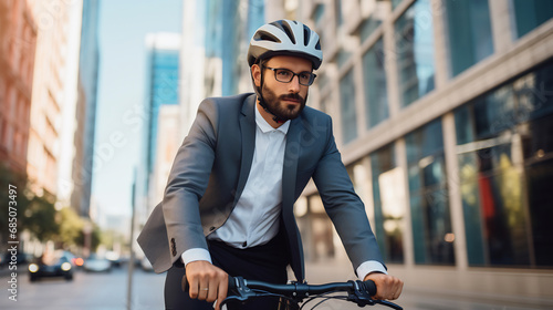 Businessman in suit and helmet riding bicycle in morning city road cycling to work