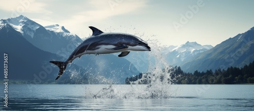 Dusky Dolphin leaping in Kaikoura S Island NZ copy space image photo