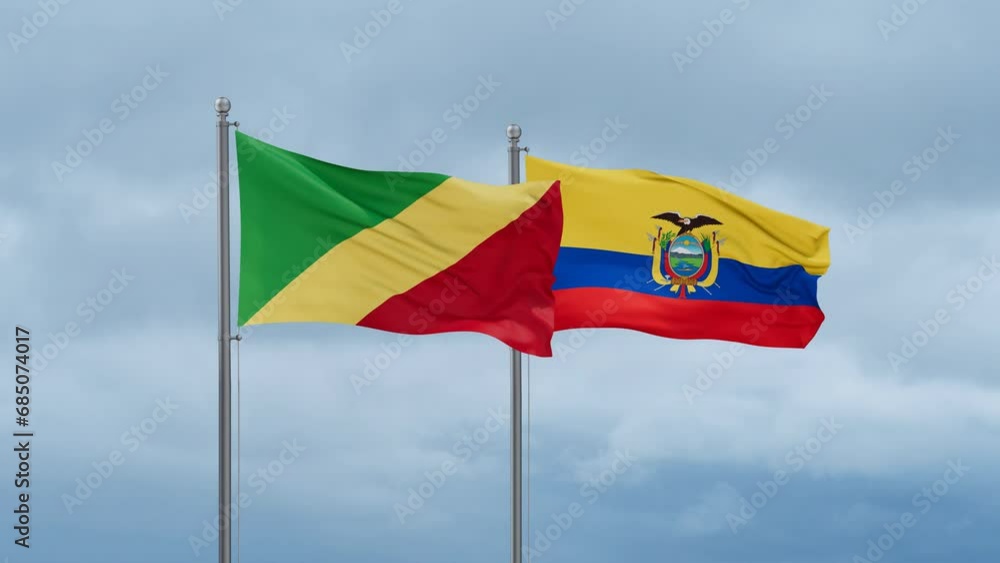 Ecuador flag and Congo-Brazzaville flag waving together on cloudy sky, endless seamless loop, two country relations concept Ecuador flag and Congo-Brazzaville flag waving together on cloudy sky, endless seamless loop, two country relations concept