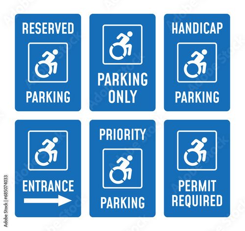 disabled parking signs with handicapped symbol, parking places reserved for disabled person