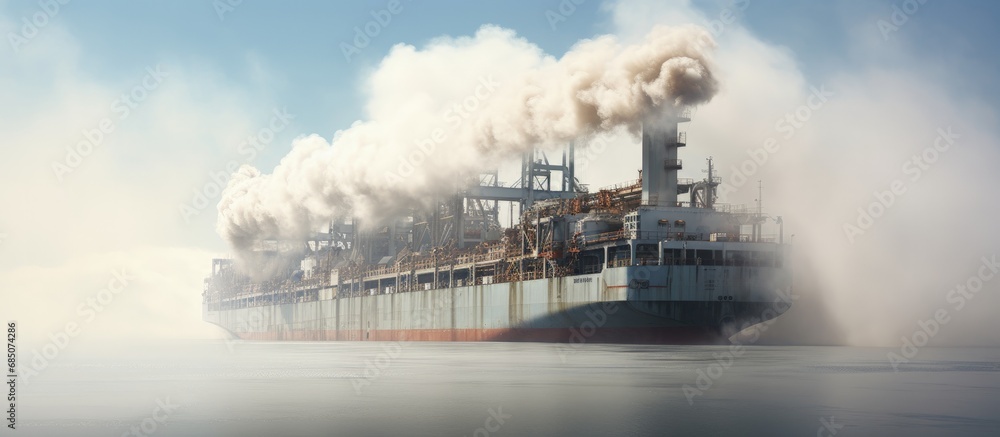 Large cargo ship s stern emits smoke from its diesel engine combustion while the forward mast of the ship stands tall copy space image - obrazy, fototapety, plakaty 