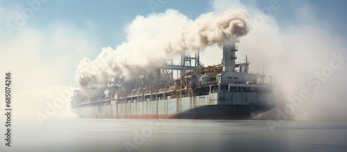 Large cargo ship s stern emits smoke from its diesel engine combustion while the forward mast of the ship stands tall copy space image