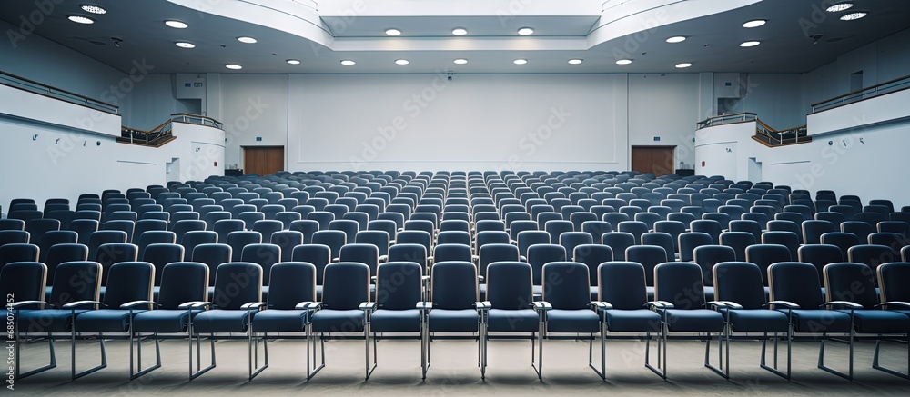 Fototapeta premium Empty chairs lined up inside a spacious conference hall for a corporate convention or lecture copy space image