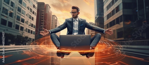 High speed internet Autonomous self driving vehicle technology Levitating businessman on road with laptop copy space image photo