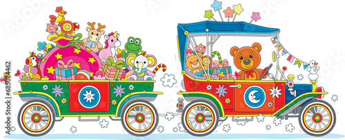 Fototapeta Naklejka Na Ścianę i Meble -  Cute teddy bear in a colorful retro car with a trailer full of holiday gifts, funny toys and sweets for little kids, vector cartoon illustration isolated on a white background