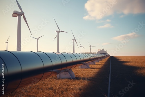 Eco-Friendly Energy Network: Hydrogen Pipeline with Graceful Wind Turbines in the Background, HydrogenPipeline, WindTurbines, RenewableEnergy, EcoFriendlyTechnology, photo