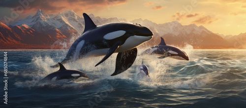 Killer whales prey on sea lions along the coast of Patagonia Argentina copy space image photo
