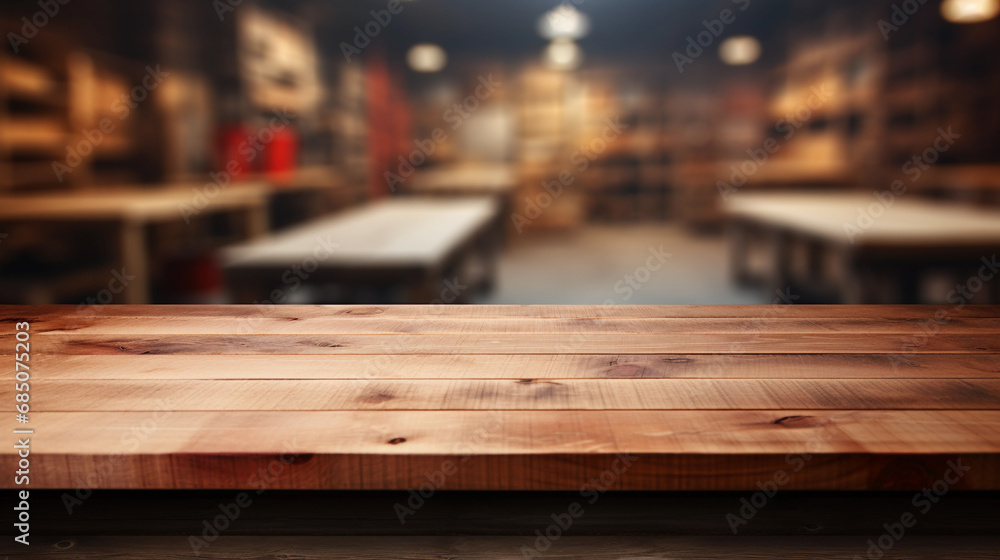 Empty wooden table top with blurred cafe kitchen background