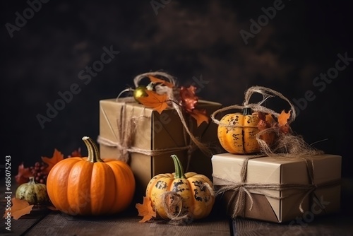 Rustic Autumn Elegance: Festive Pumpkin adorned with Delicate Ribbon, Rustic, Autumn, Elegance, Pumpkin, Ribbon, Harvest, Seasonal, Festive, Thanksgiving, photo