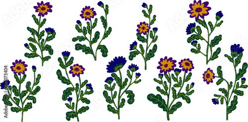 Chrysanthemums, asters flowers with leaves. Vector grainy set of texture elements, cartoon style, doodle, grunge texture, colored pencil, old paint, crayon, pastel, crayon. Vector collection.
