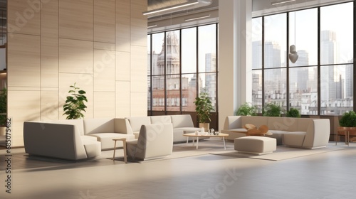A minimalist office lounge photo realistic illustration - Generative AI.