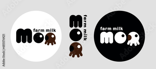 Minimalistic simple logo for farm natural cow's milk, moo lettering, cow udder. Vector illustration of EPS10