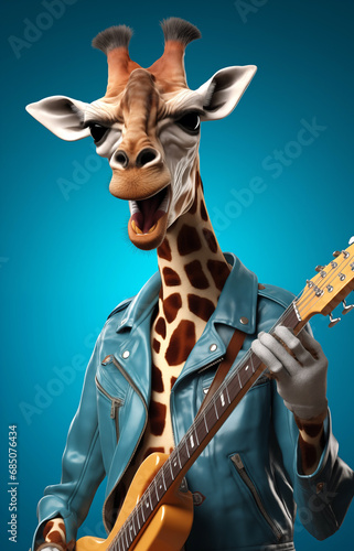 Gitarre spielende Giraffe vor blauen Hintergrund