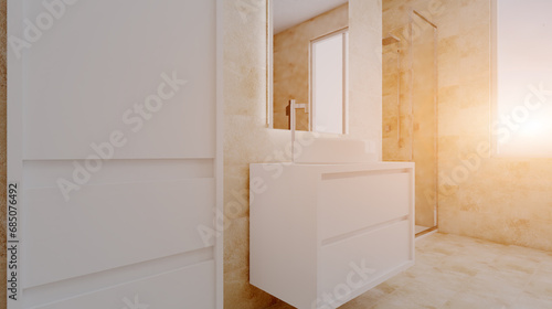 Bathroom interior bathtub. 3D rendering.. Sunset. © COK House