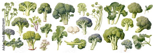 Botanical illustration set of broccoli cabbage in retro style, PNG.