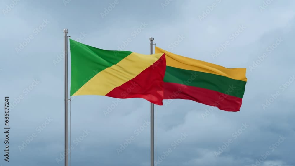 Lithuania flag and Congo-Brazzaville flag waving together on cloudy sky, endless seamless loop, two country relations concept Lithuania flag and Congo-Brazzaville flag waving together on cloudy sky, endless seamless loop, two country relations concept