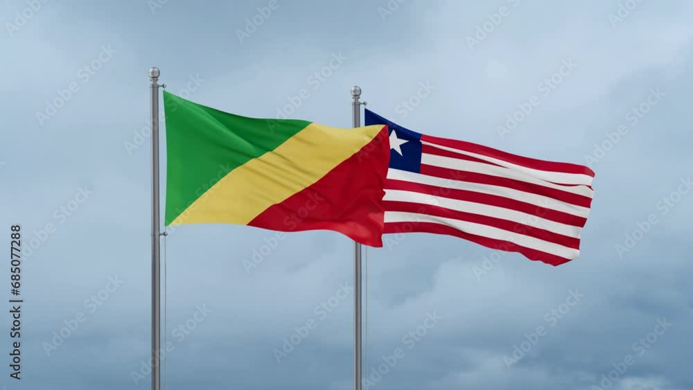 Liberia and Congo-Brazzaville flag waving together on cloudy sky, endless seamless loop, two country cooperation concept Liberia and Congo-Brazzaville flag waving together on cloudy sky, endless seamless loop, two country cooperation concept