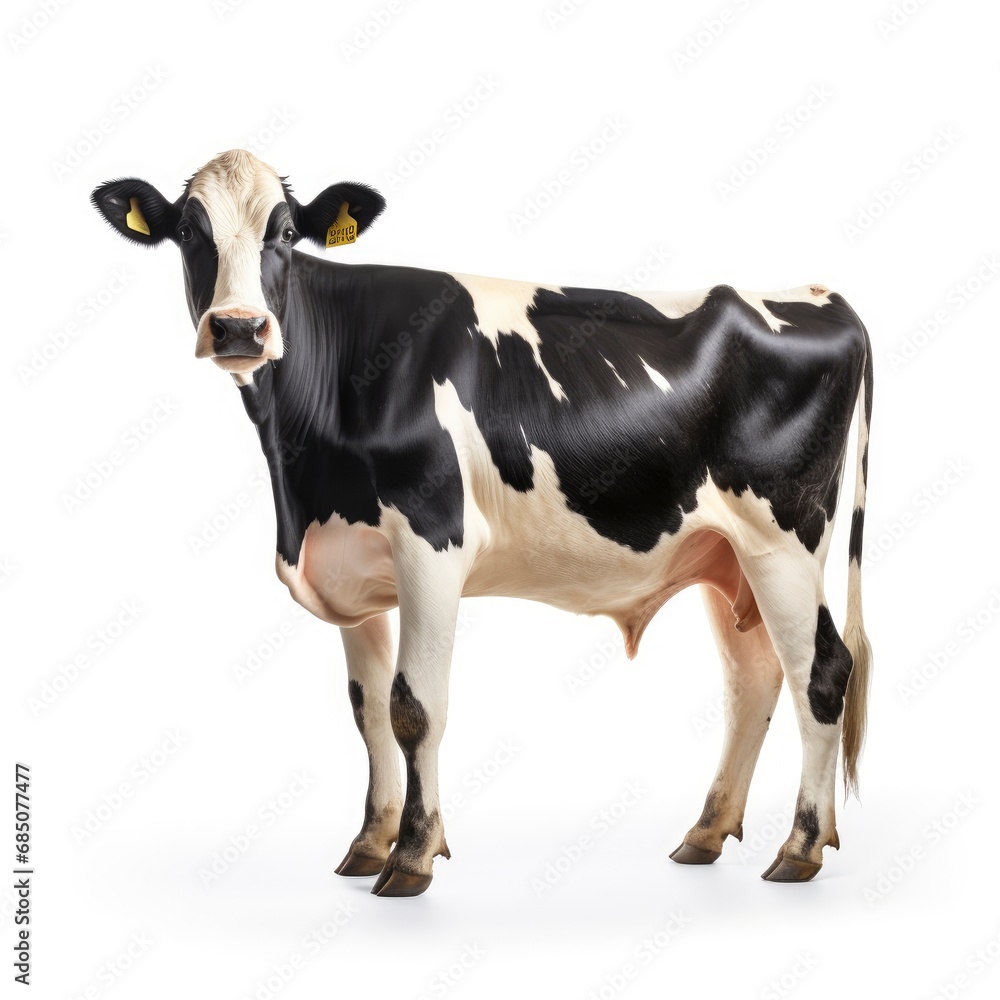 Beautiful full body view dairy cow with udder on white background, isolated, professional animal photo