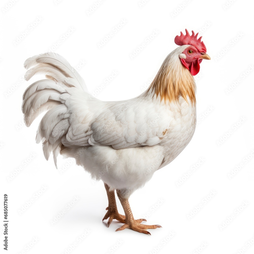 Beautiful full body view white hen on white background, isolated