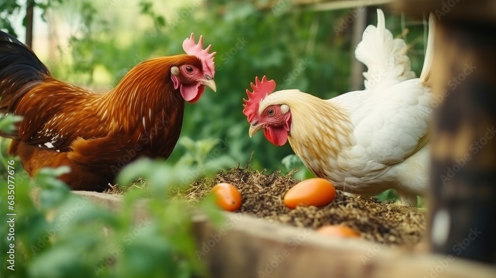 Fototapeta premium Chickens eating worms, feeding protein for chicken, concept of Eco-friendly or Eco organic chicken farm